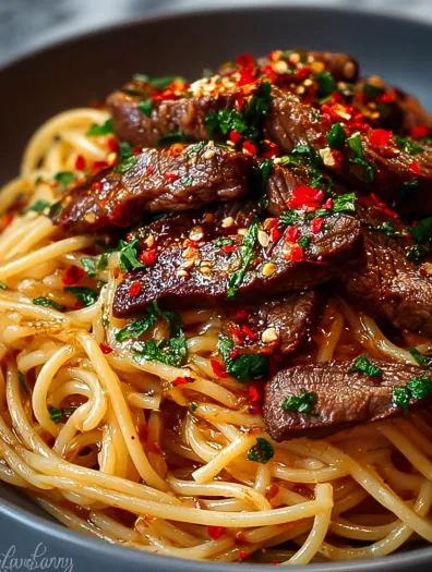 A plate of spaghetti with meat and peppers.