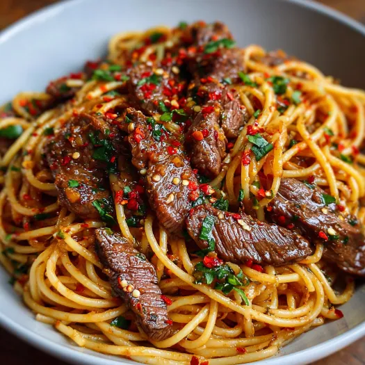 A bowl of spaghetti with meat and peppers.