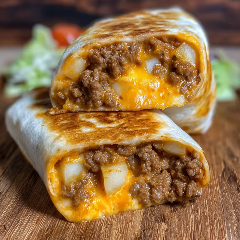 Two cheesy beef potato burritos.