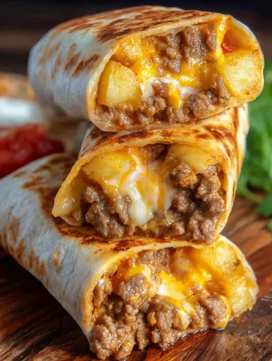 A cheesy beef potato burrito.