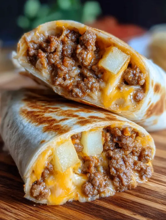 Two cheesy beef potato burritos on a table.