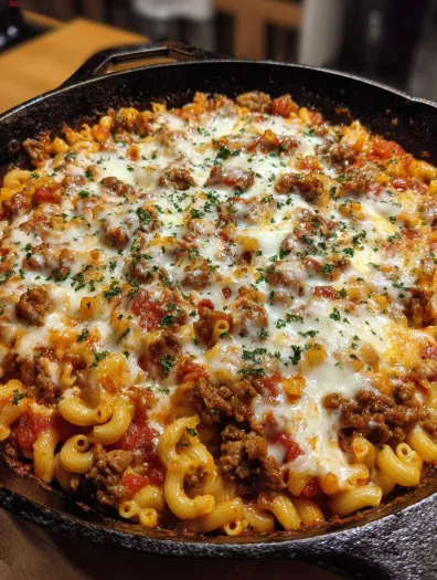 A homemade lasagna hamburger helper meal.