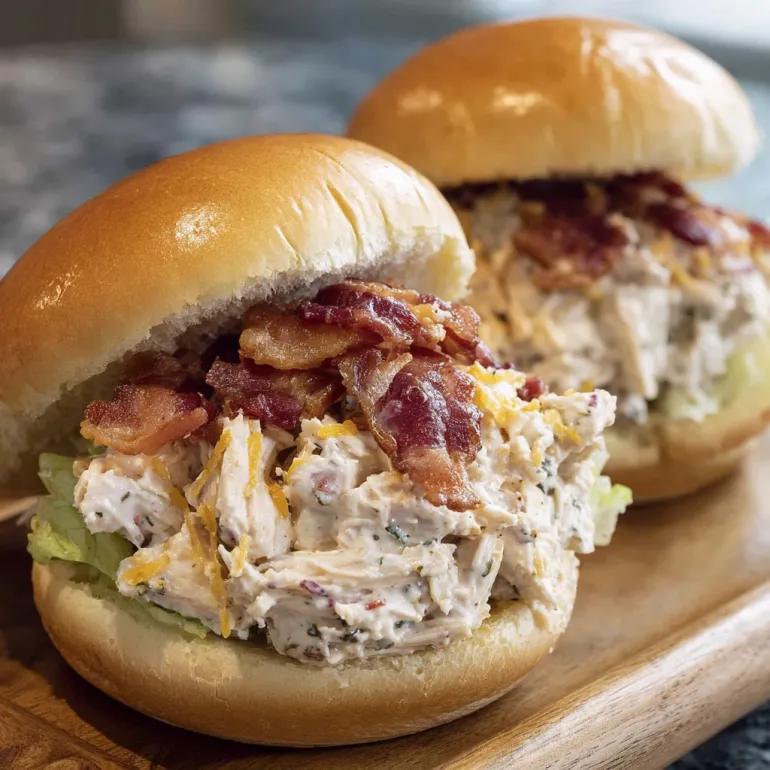 Two sandwiches with bacon and chicken.