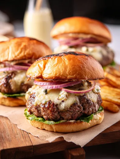 Two gorgonzola stuffed burgers on a table.
