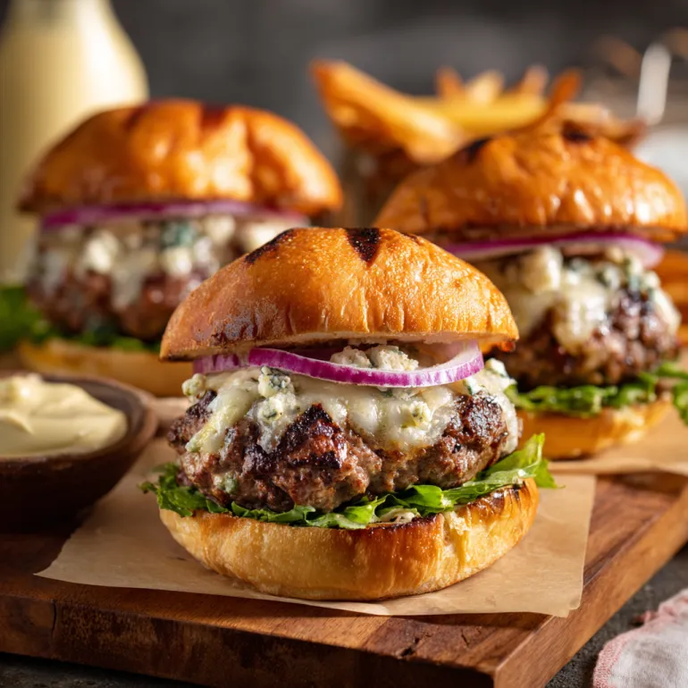 Two gorgonzola stuffed burgers on a table.