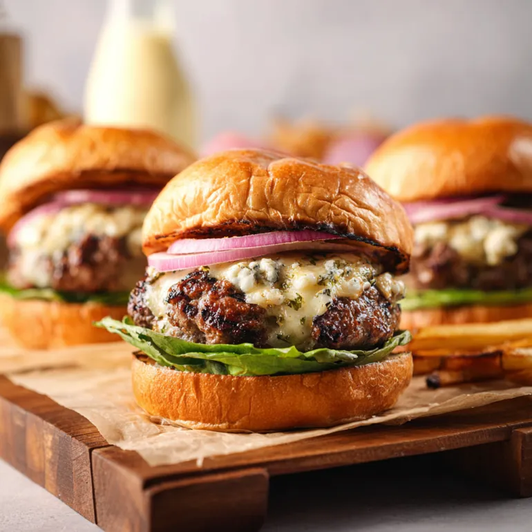 Two gorgonzola stuffed burgers on a table.