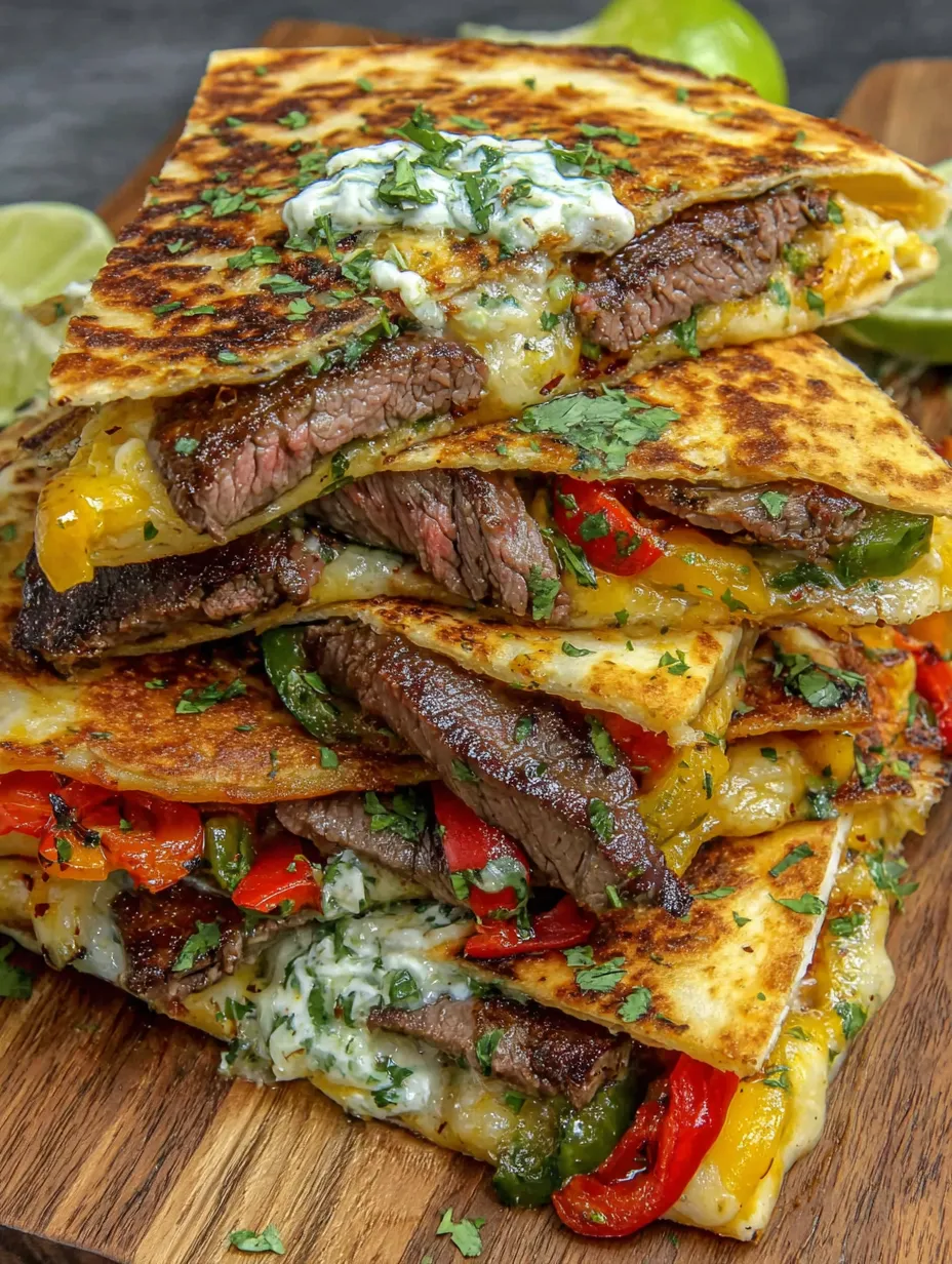 A stack of chili lime steak fajita quesadillas.