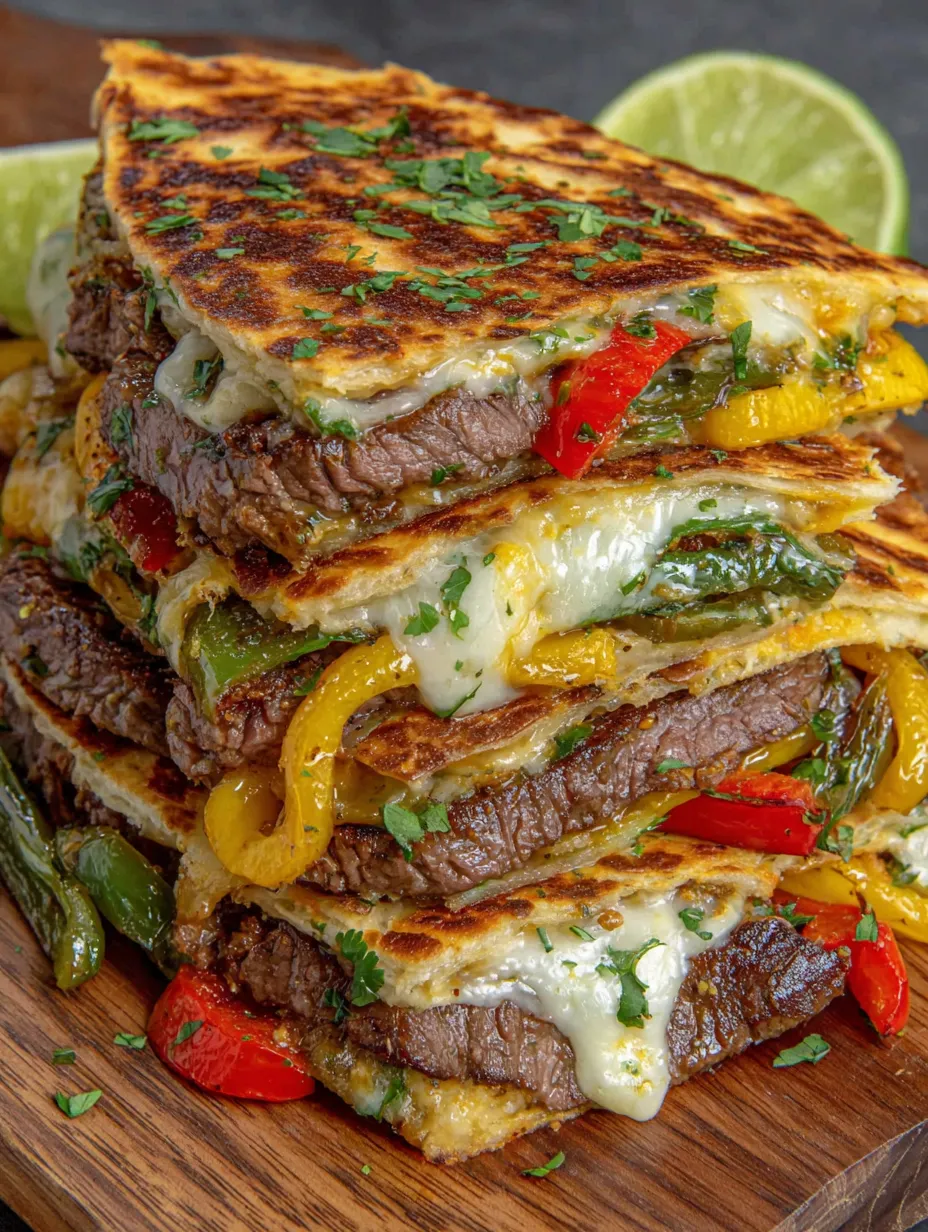 A stack of chili lime steak fajita quesadillas.