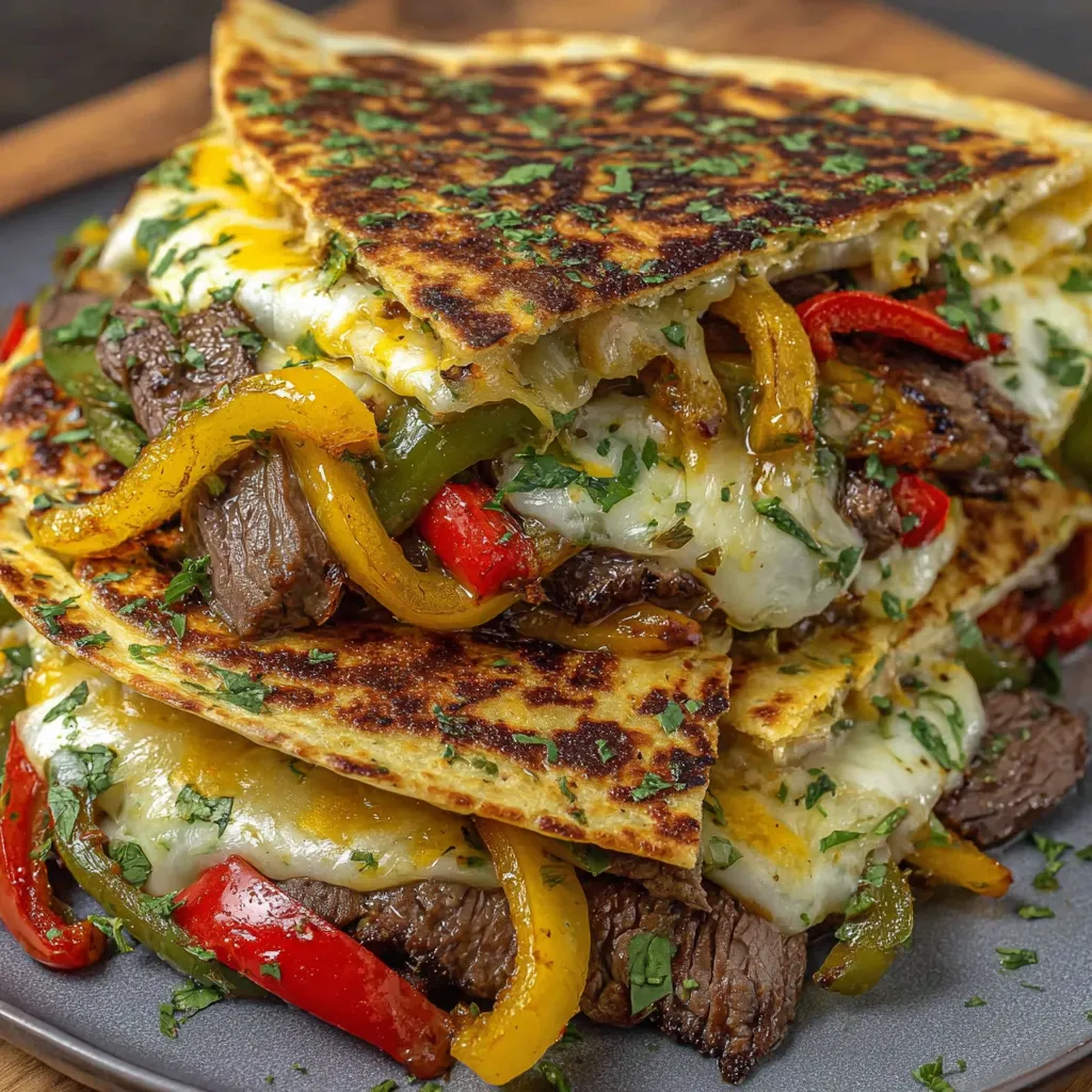 A stack of chili lime steak fajita quesadillas.