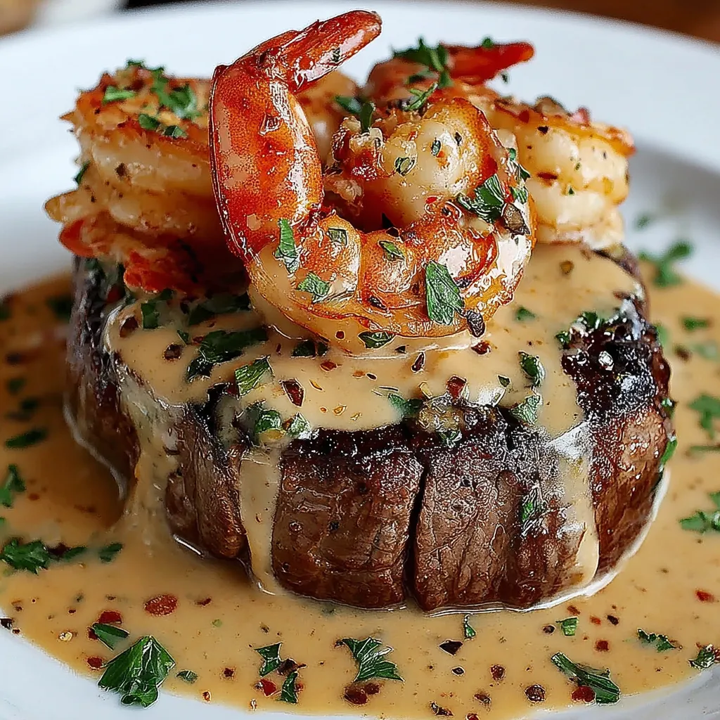 A plate of food with a piece of meat and shrimp on top.