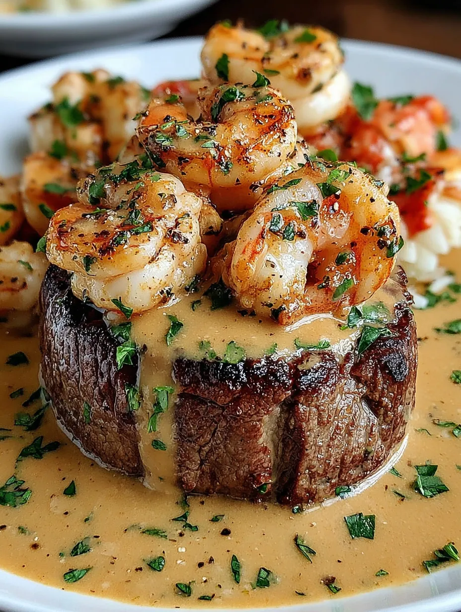 A plate of shrimp and lobster with a filet mignon on top.