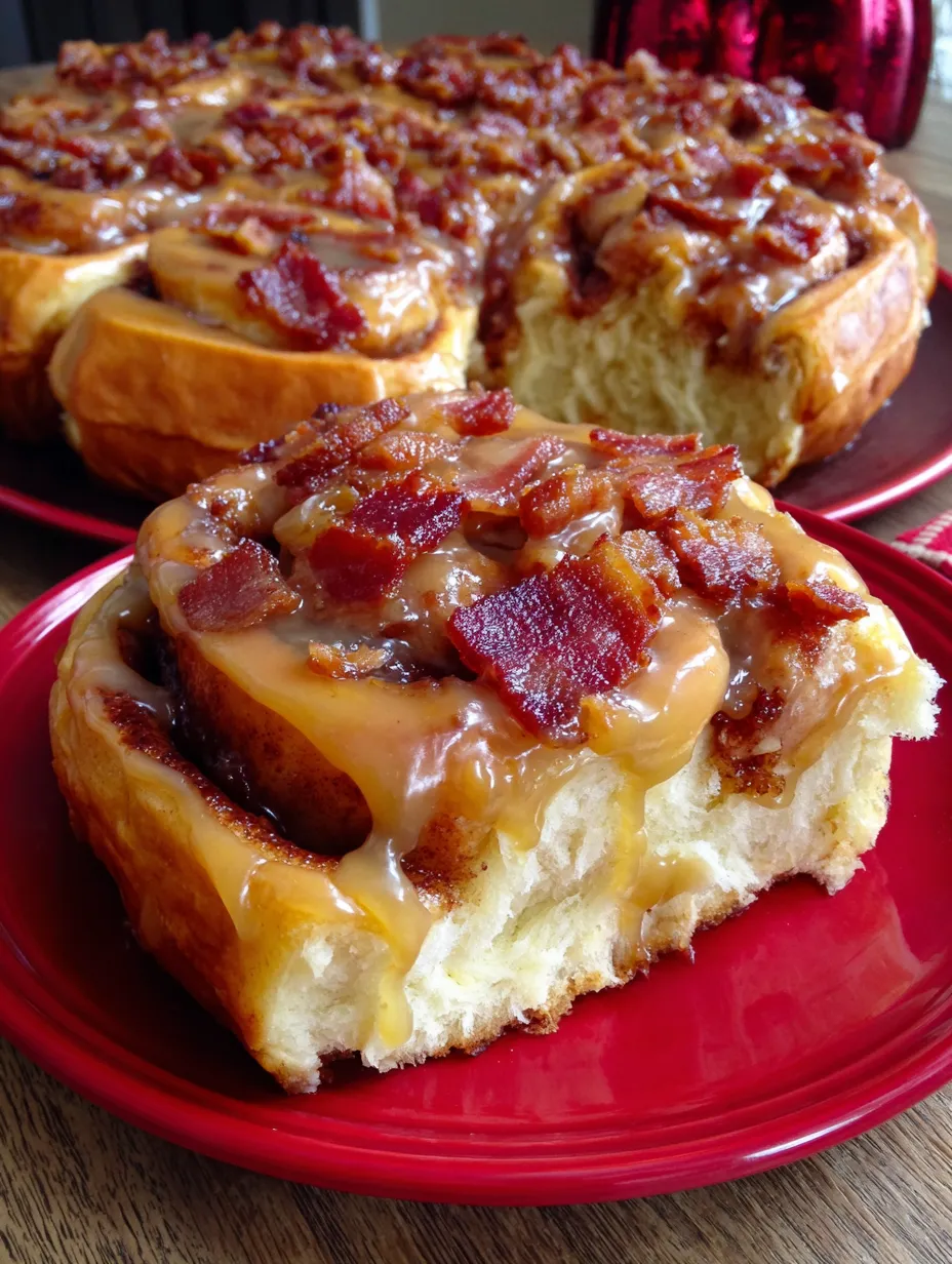A plate of cinnamon rolls with bacon on top.