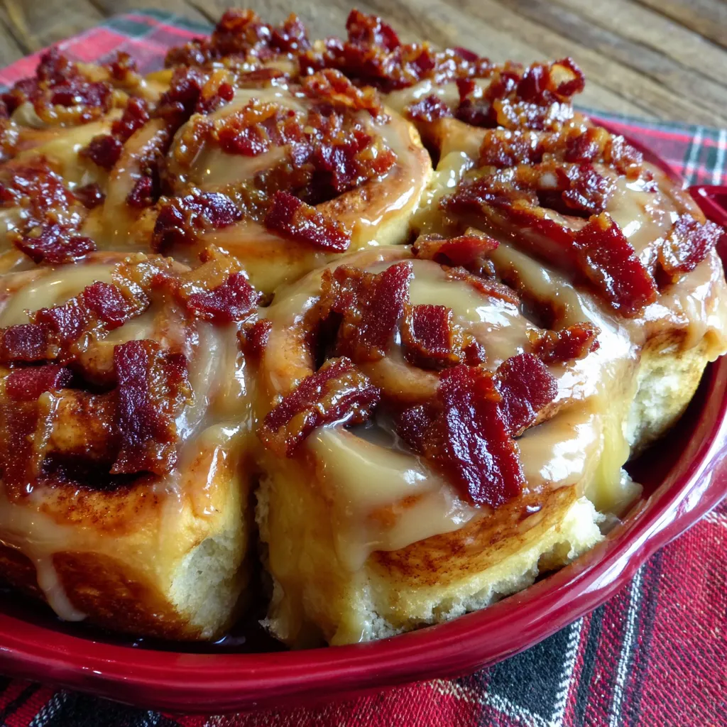 A plate of cinnamon rolls with bacon on top.