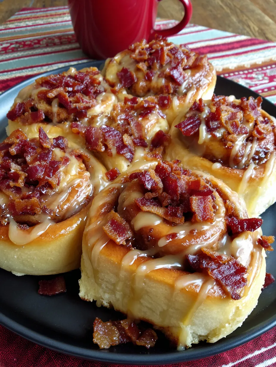 Bacon cinnamon rolls on a plate.