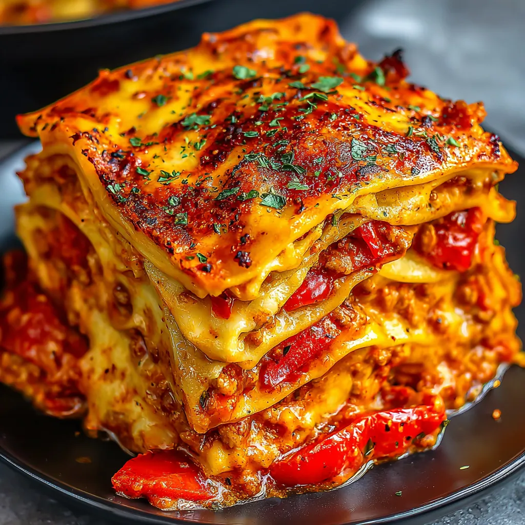 A stack of smoky roasted pepper lasagna.