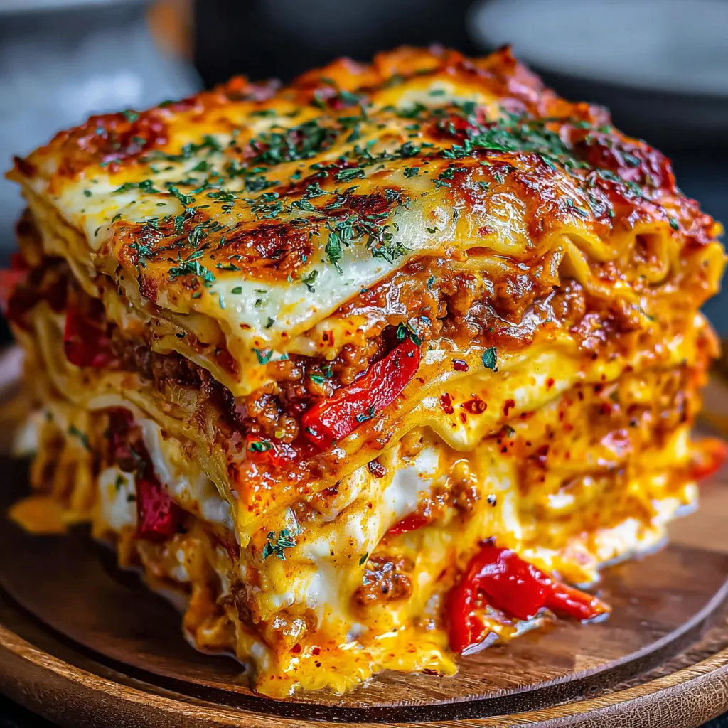 A slice of smoky roasted pepper lasagna.