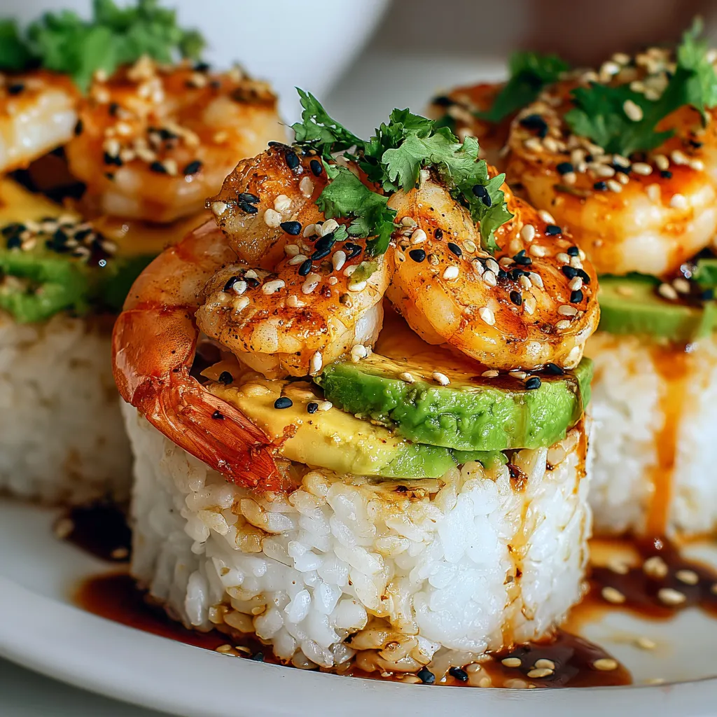 Spicy shrimp sushi stacks on a plate.