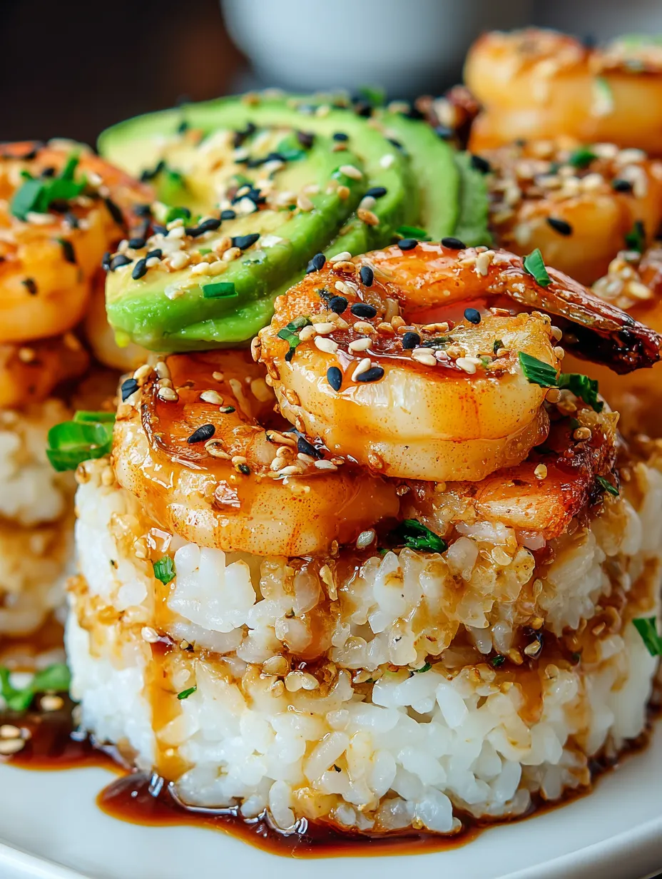 A plate of shrimp sushi stacks with rice and black sesame seeds.