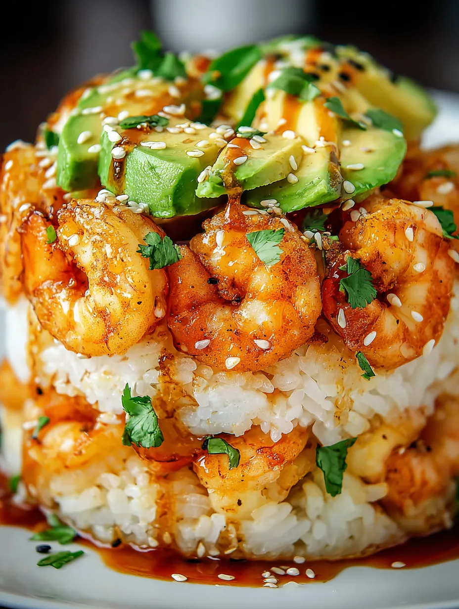 A stack of shrimp sushi with rice and avocado.