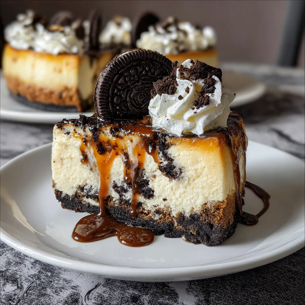 A slice of Oreo cheesecake with a drizzle of caramel.