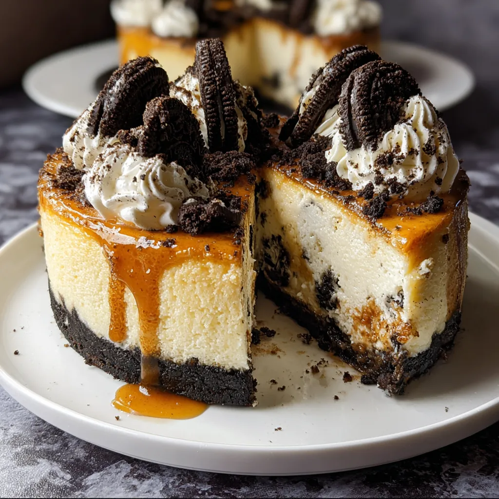 A slice of Oreo cheesecake on a plate.