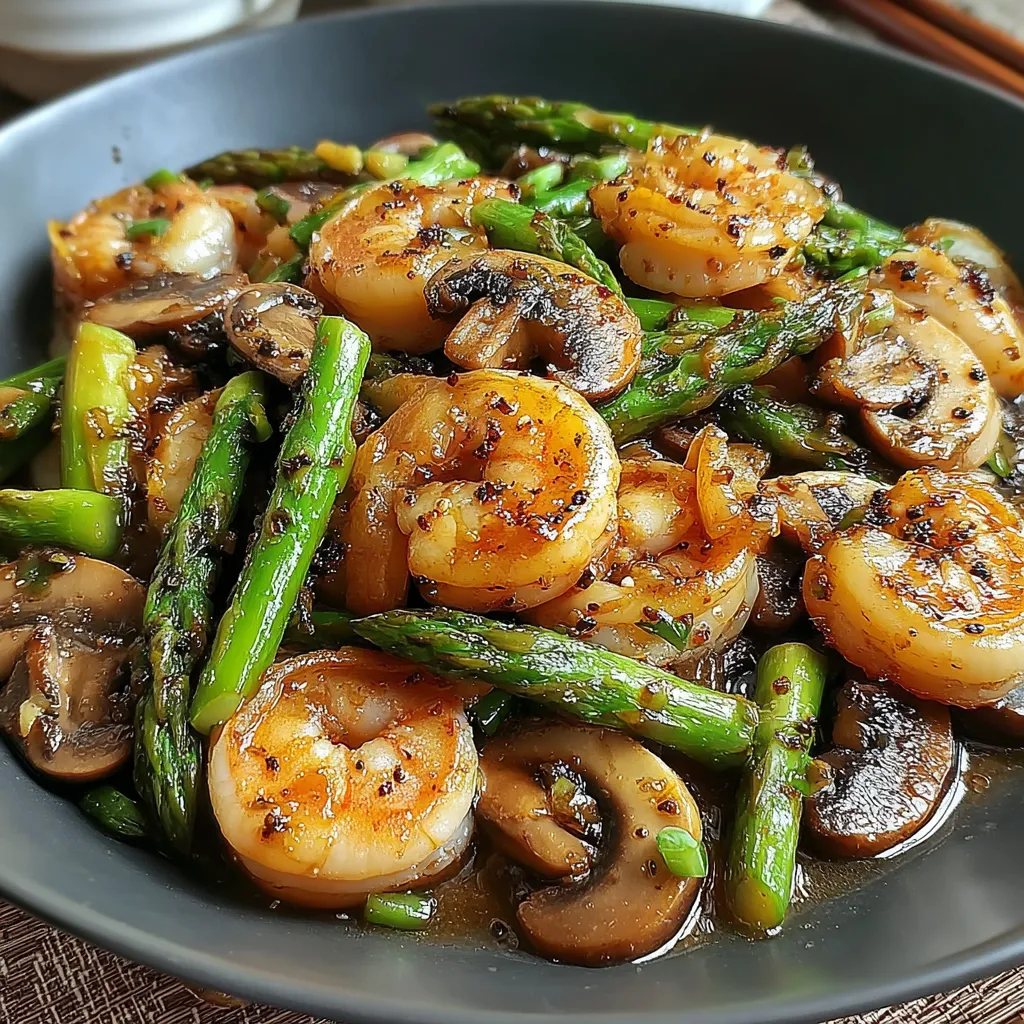 A bowl of shrimp and asparagus stir-fry with mushrooms.