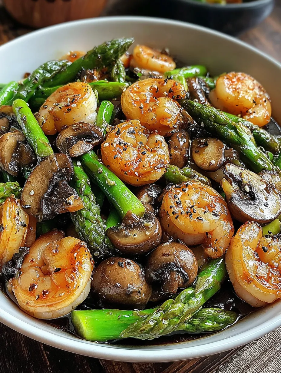 A bowl of shrimp and asparagus stir-fry with mushrooms.