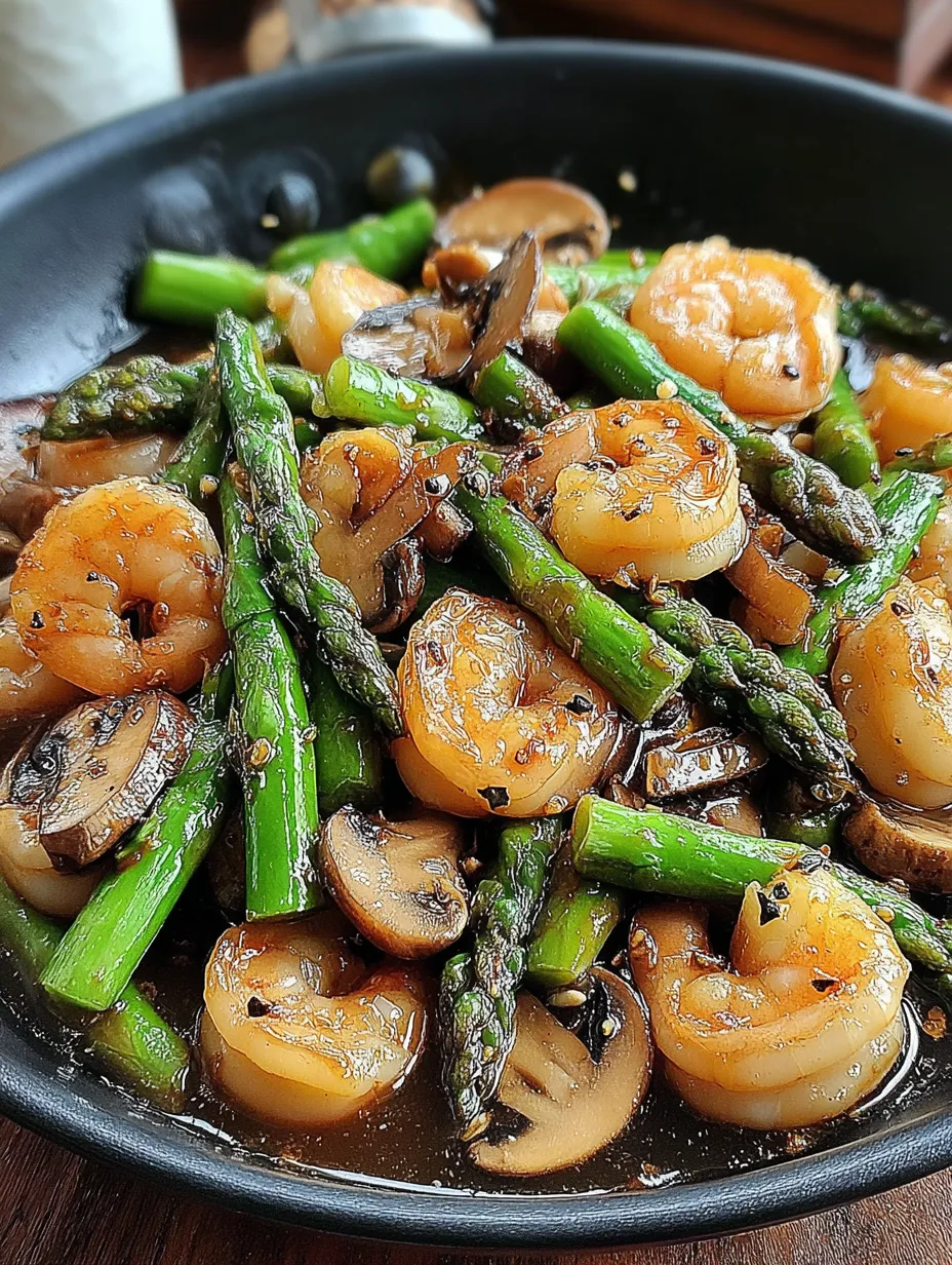 A bowl of shrimp and asparagus stir-fry with mushrooms.