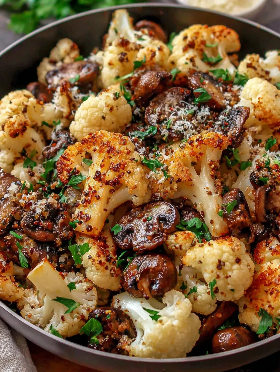 A skillet full of garlic, mushrooms, and cauliflower.