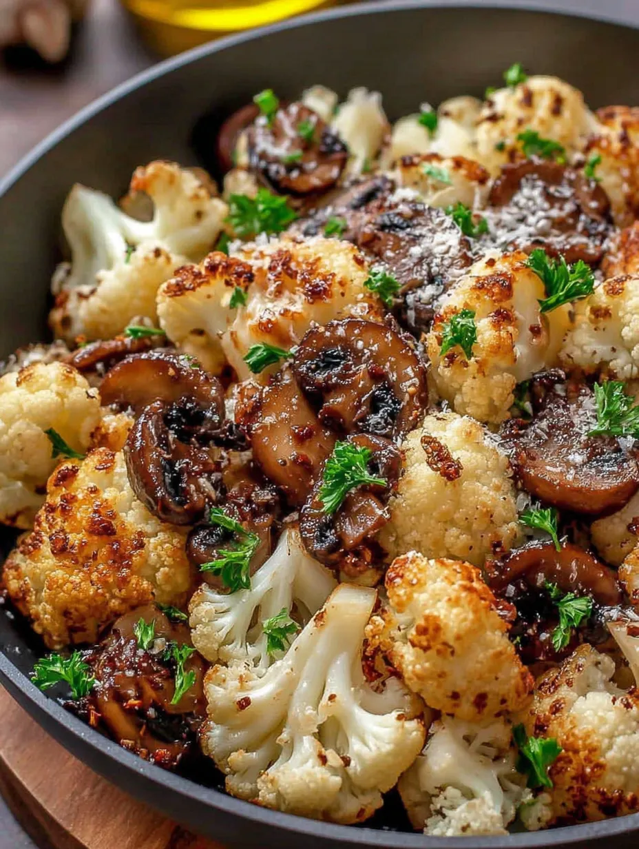 A skillet full of garlic, mushroom and cauliflower.
