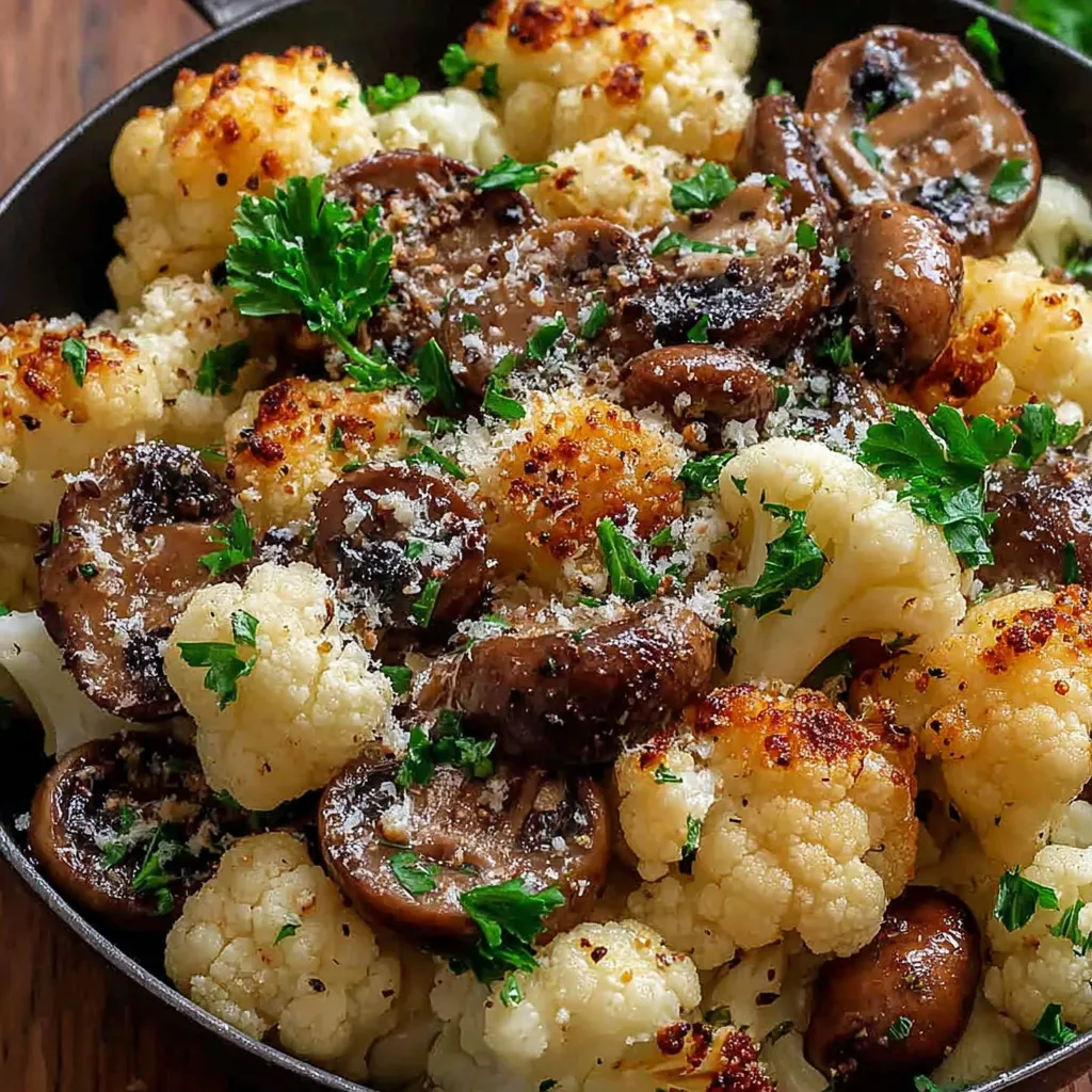 A skillet of garlic, mushroom and cauliflower.