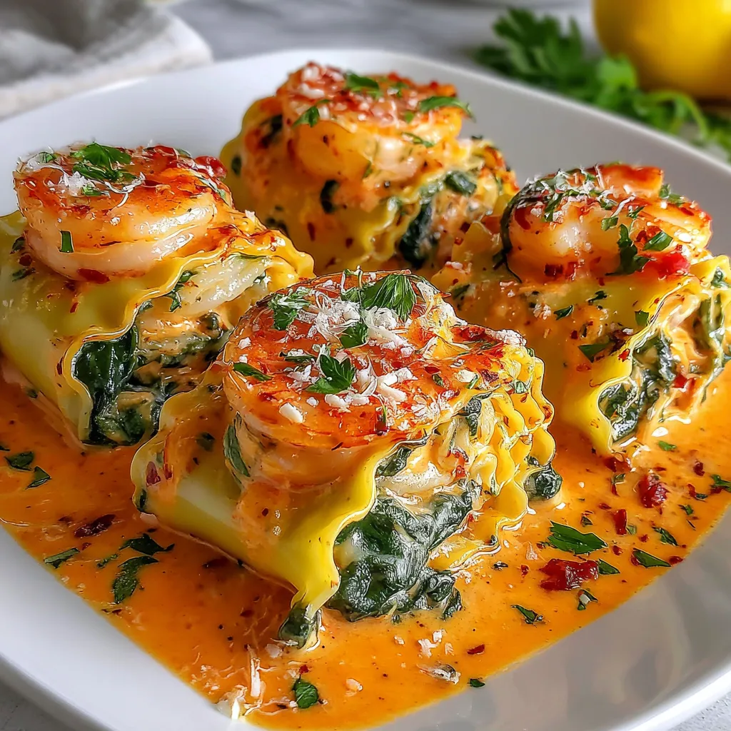 Shrimp and Spinach Stuffed Pasta Rolls with Roasted Red Pepper Cream.