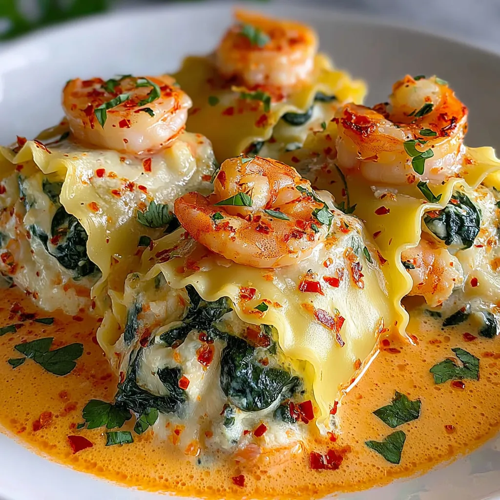 Shrimp and Spinach Stuffed Pasta Rolls with Roasted Red Pepper Cream.