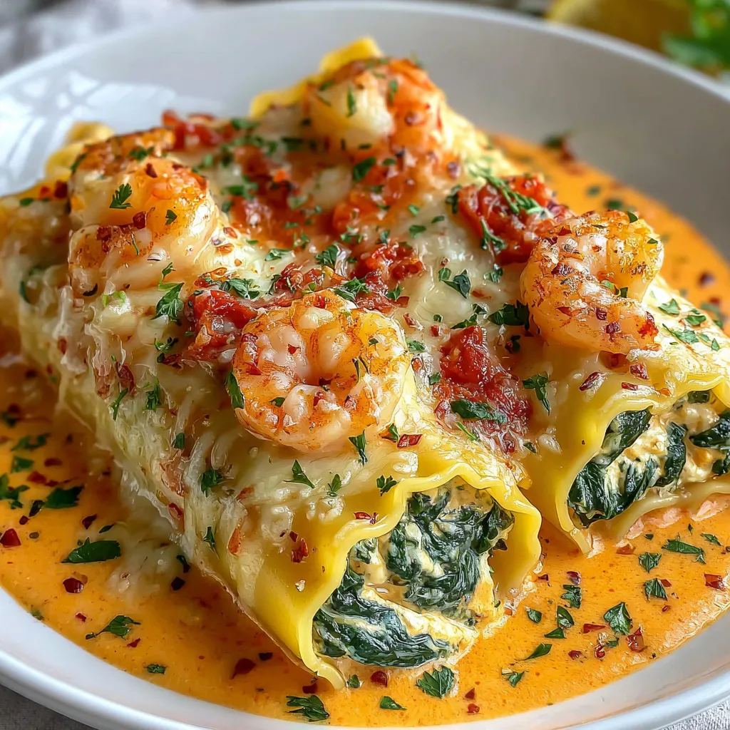 A plate of shrimp and spinach stuffed pasta rolls with a creamy sauce.