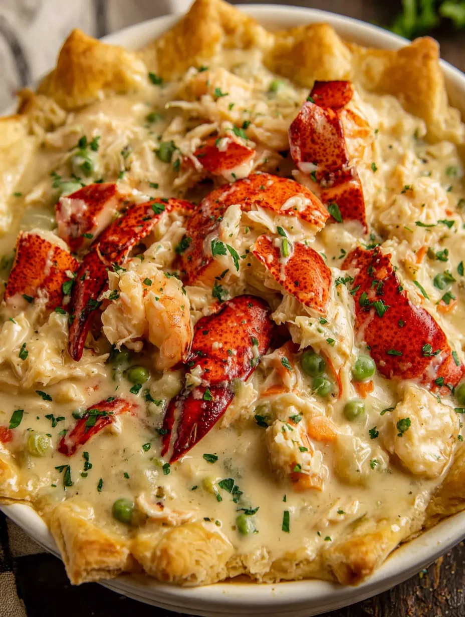 A lobster pot pie with a green herb garnish.