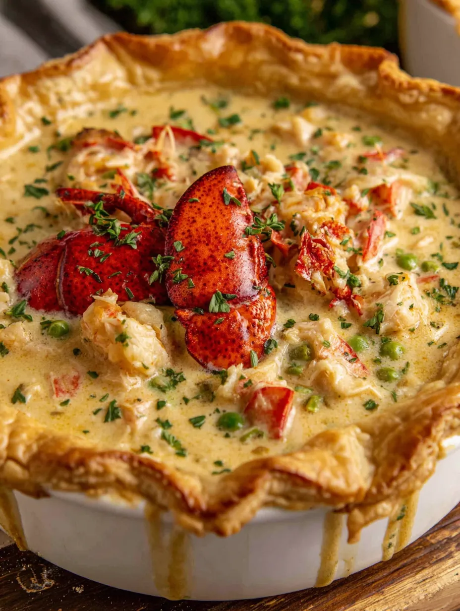 A lobster-pot-pie with a green herb on top.