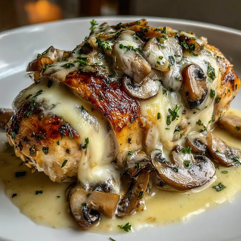A plate of food with mushrooms and cheese on it.
