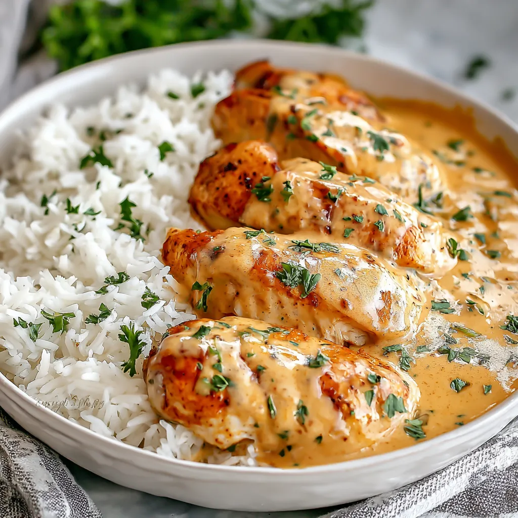 A plate of rice and chicken with a creamy sauce.