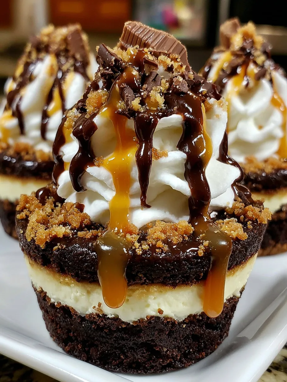 A loaded brownie cheesecake cup with caramel drizzle.