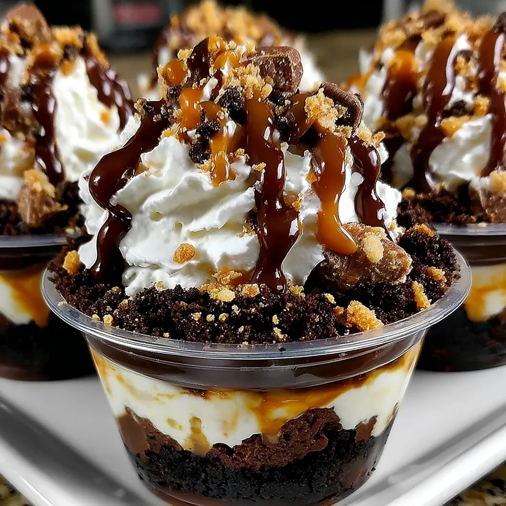 A loaded brownie cheesecake cup with caramel drizzle.