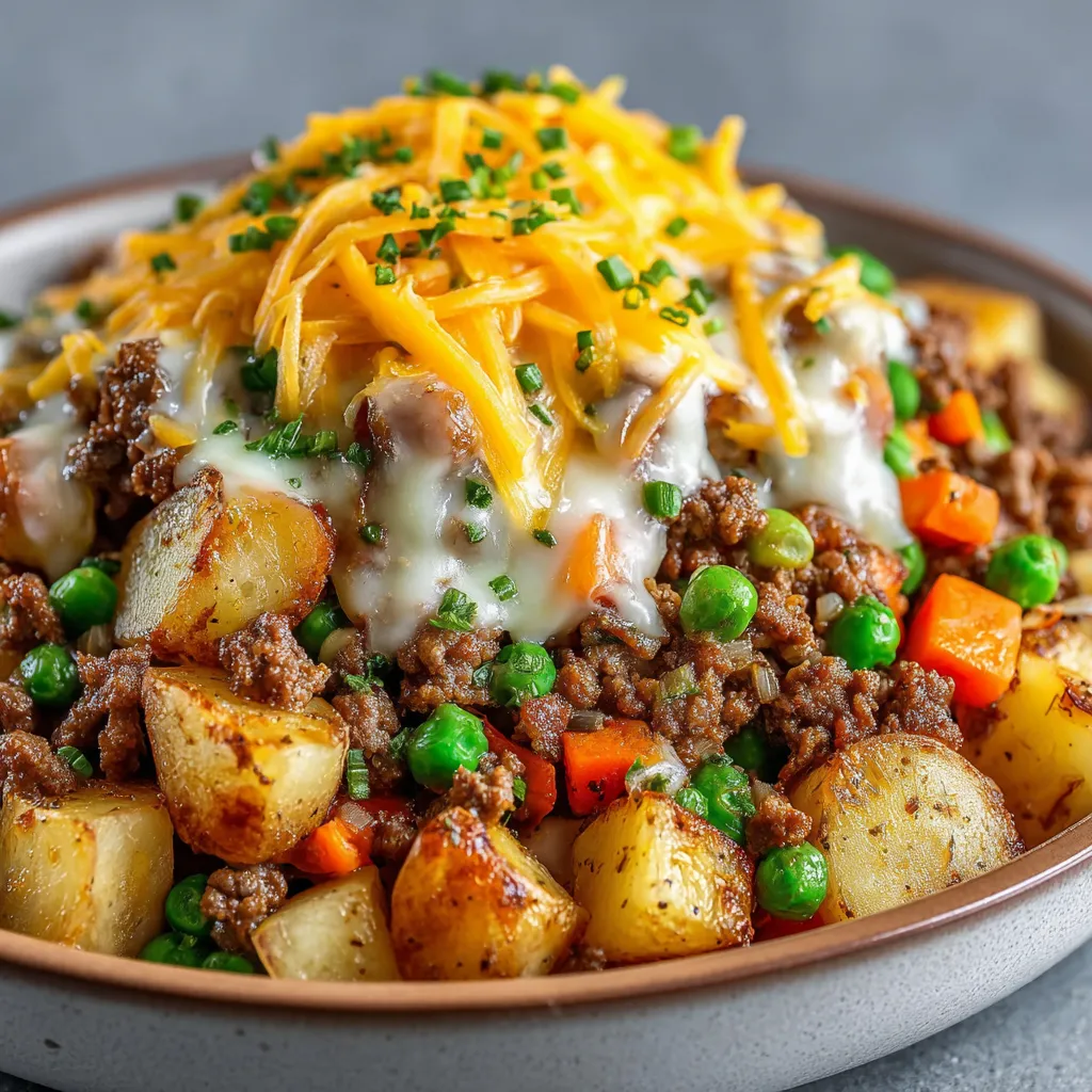 A plate of ground beef and vegetable hobo casserole.