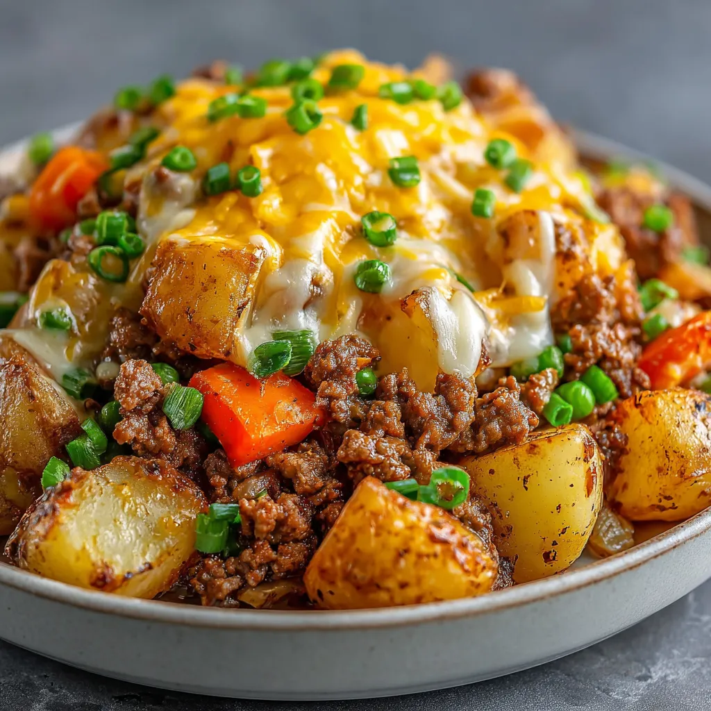 A delicious looking ground beef veggie hobo casserole.