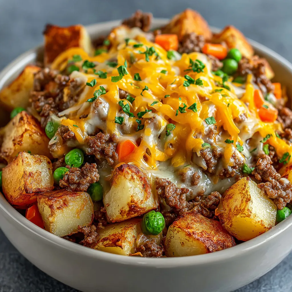 A bowl of ground beef and vegetable hobo casserole.