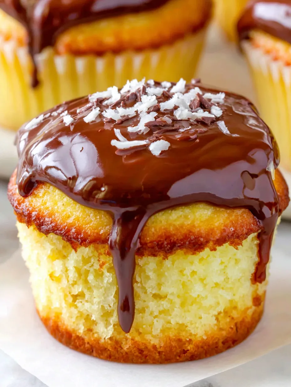 A chocolate covered cupcake with a yellow cake.