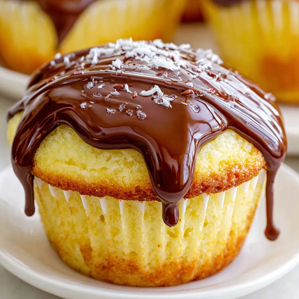 A chocolate covered cupcake with a yellow filling.