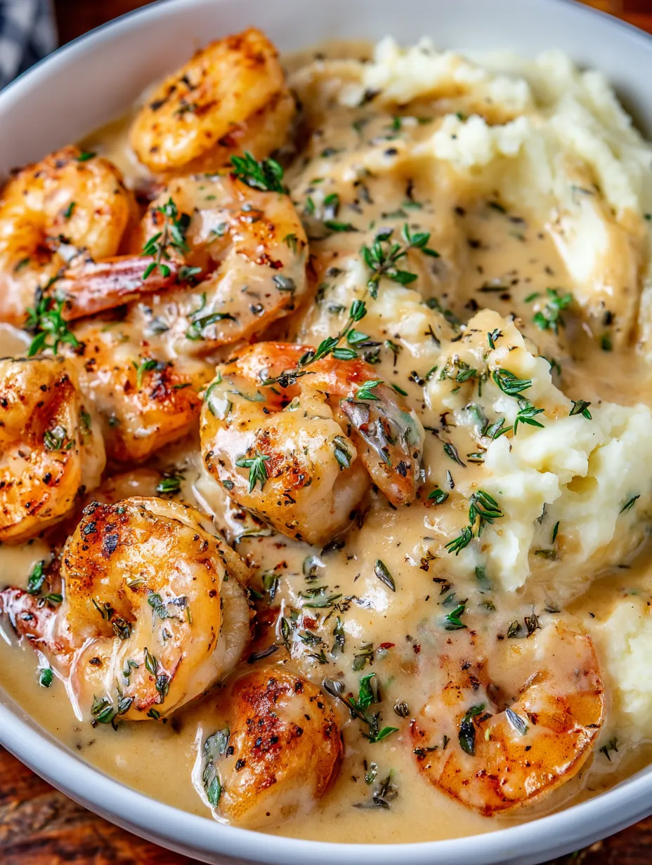 A bowl of shrimp and mashed potatoes with garlic sauce.