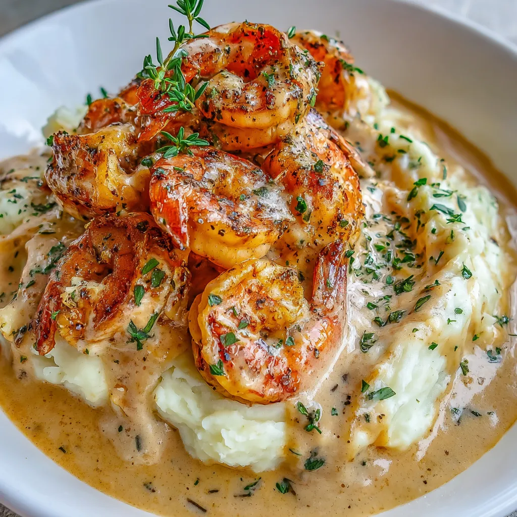 A bowl of shrimp and mashed potatoes with a garlic sauce.