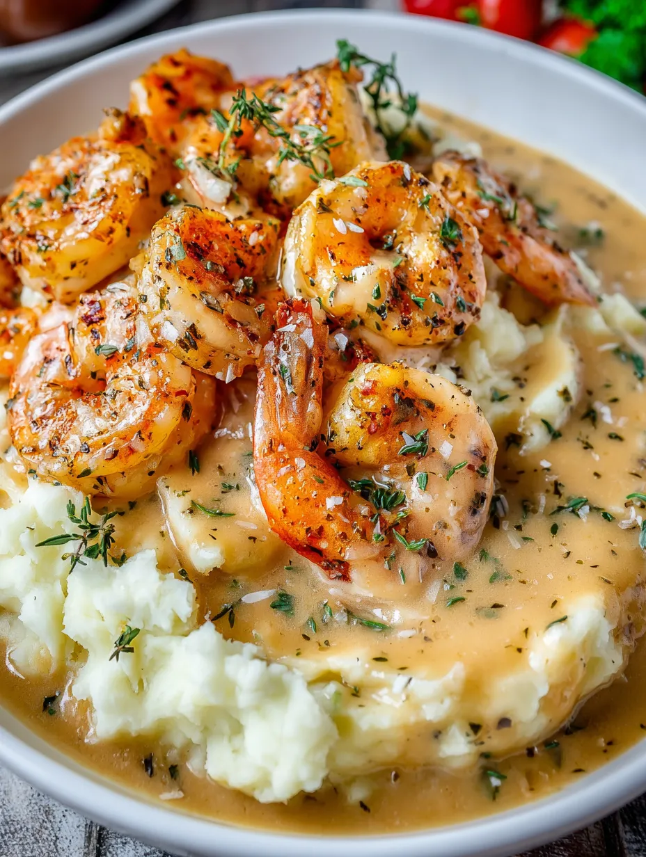 A plate of food with shrimp and mashed potatoes.