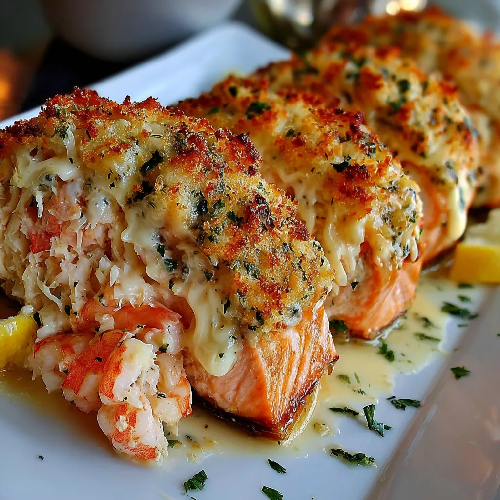 A plate of crab and shrimp stuffed salmon.