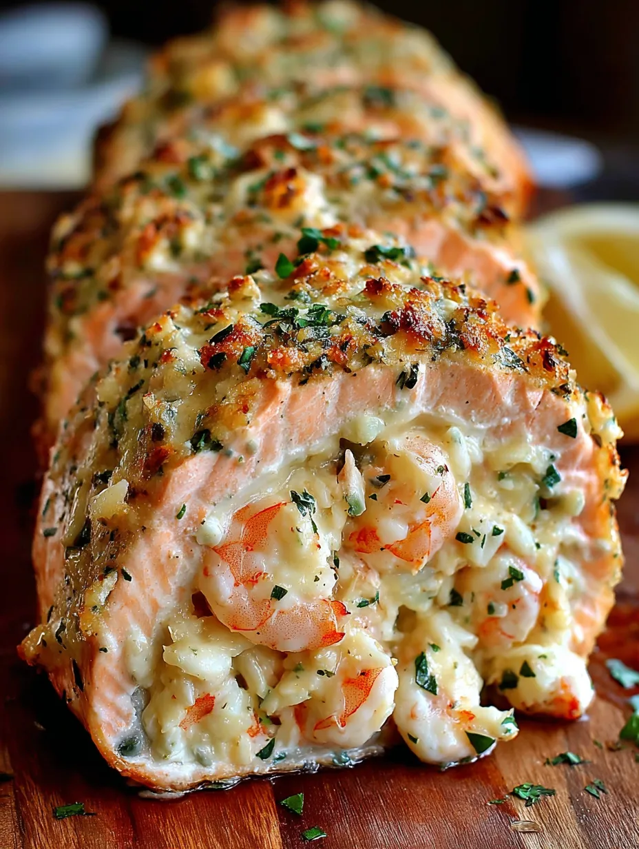 A piece of crab and shrimp stuffed salmon.